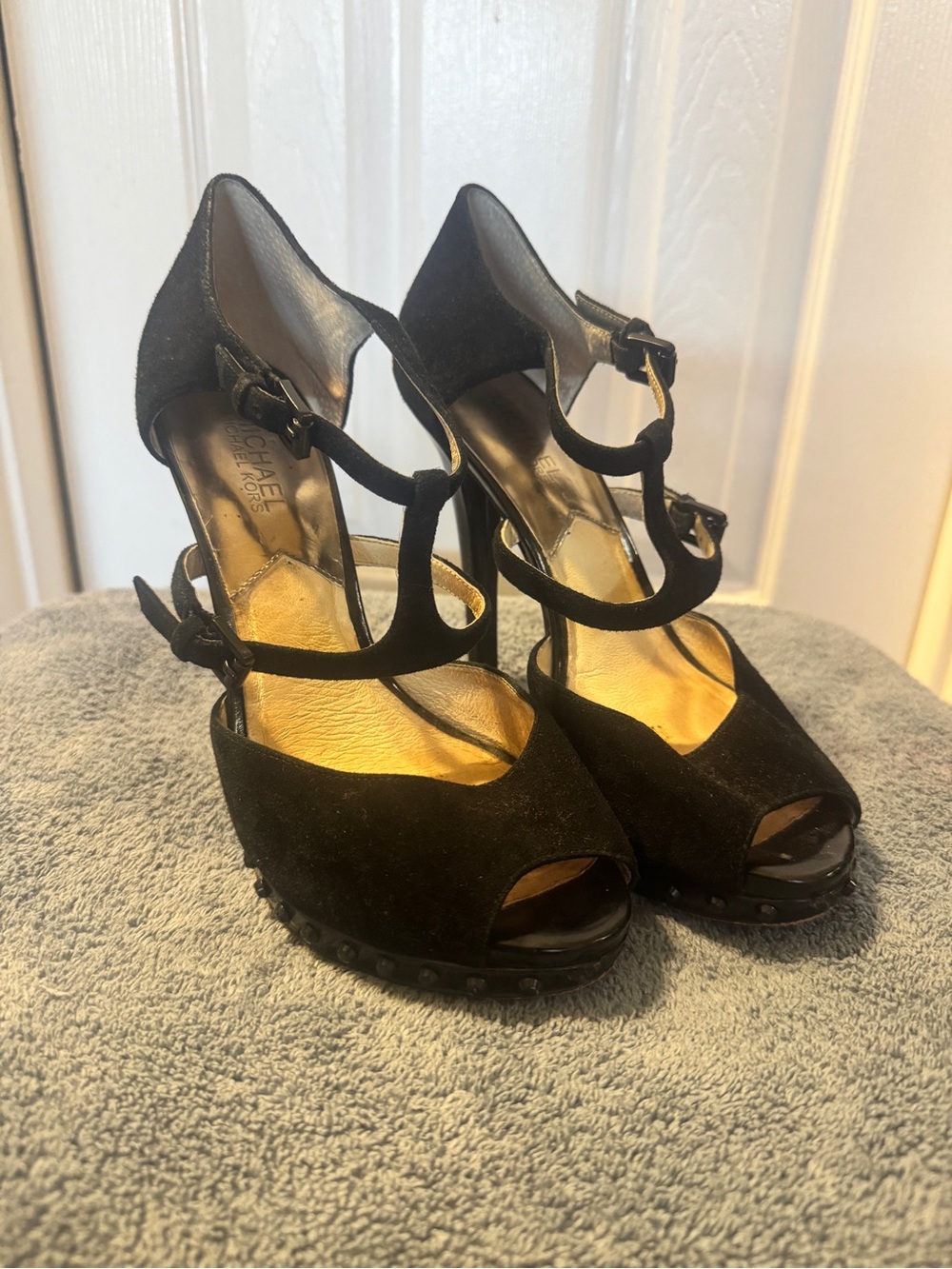 Micheal Kors Black Suede T-Strap Peep-Toe Heels